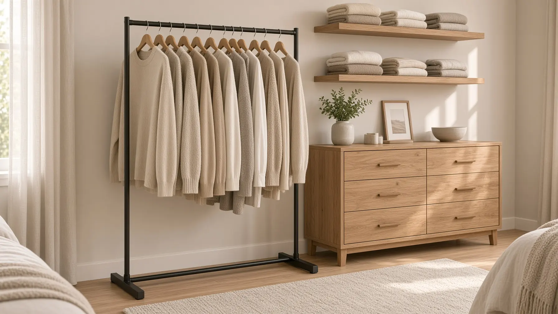 Bedroom organization without a closet using a garment rack and dresser