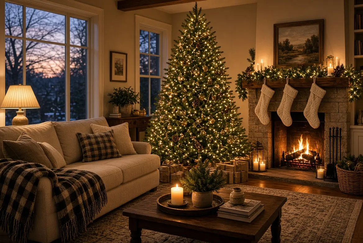 Christmas decorations in a cozy living room with tree, mantel garland and stockings