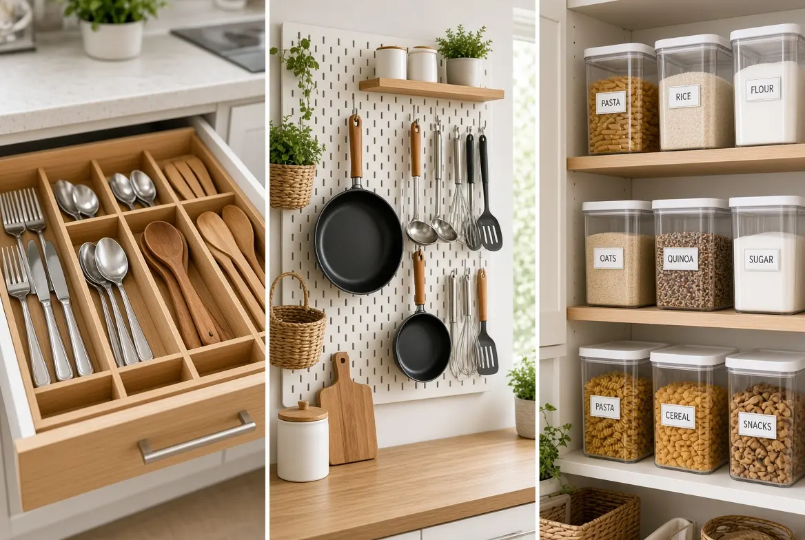 Kitchen storage ideas grid with drawer dividers, wall pegboard and organized pantry
