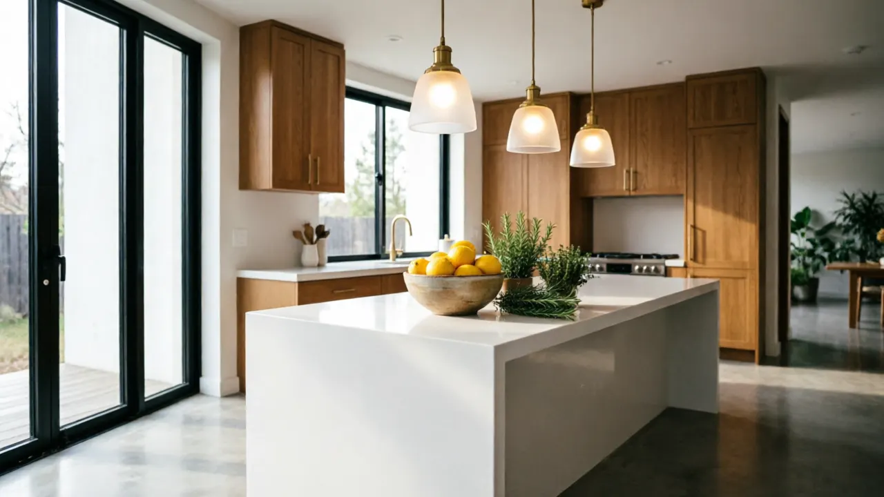 Modern kitchen design with oak cabinets and waterfall island
