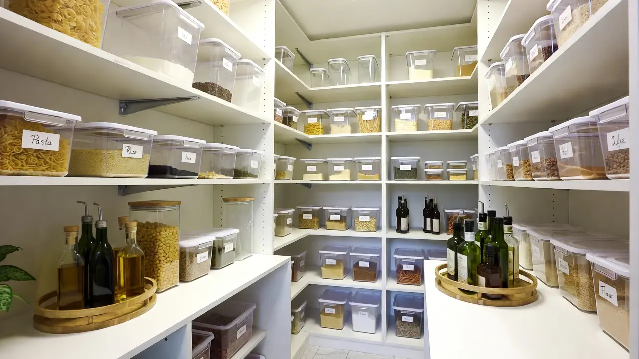 Organized pantry with deep shelves and clear storage bins